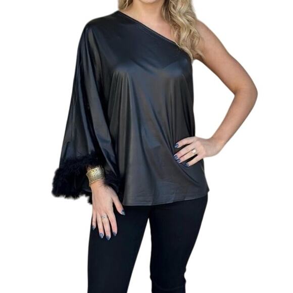 ENTRO Black Faux Leather One Shoulder Top, Size Small - Picture 3 of 10